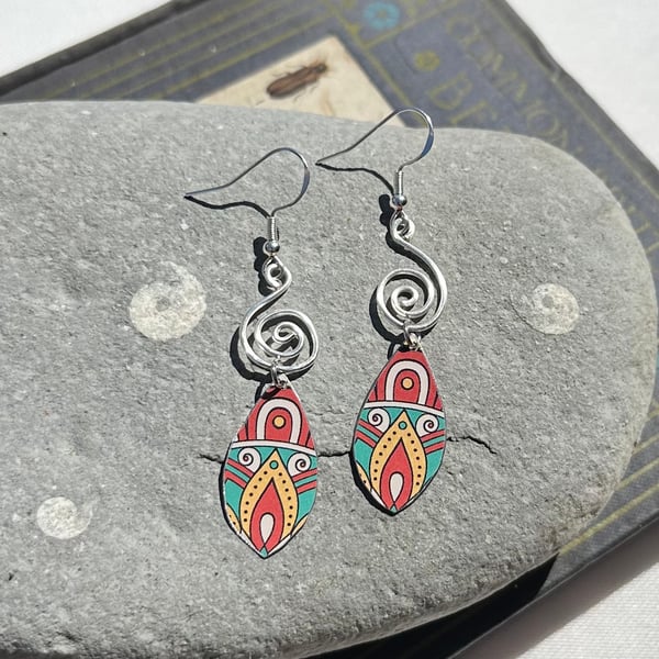 Mandala style recycled tin and silver earrings 