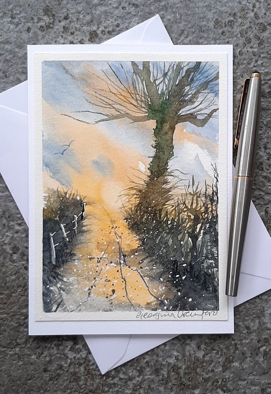 Sunny Lane. Blank Card. Handpainted Watercolour Art