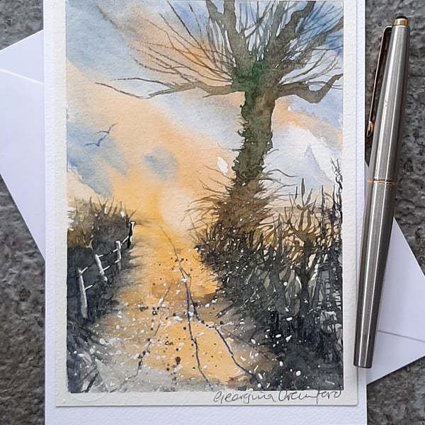 Sunny Lane. Blank Card. Handpainted Watercolour Art