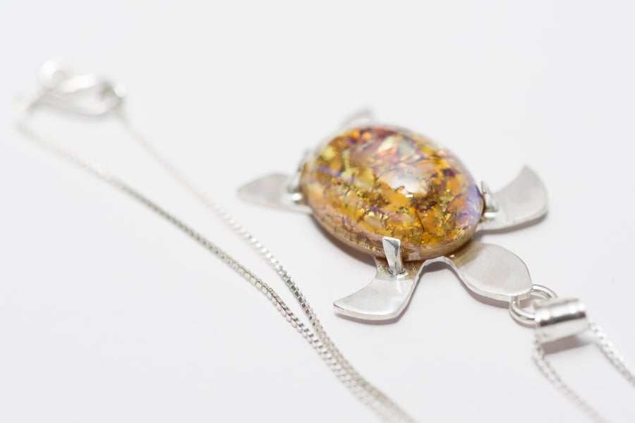 Silver Turtle Necklace with Opal Glass