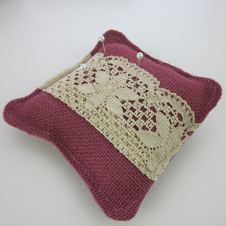 Large Red Handmade Hessian Pincushion