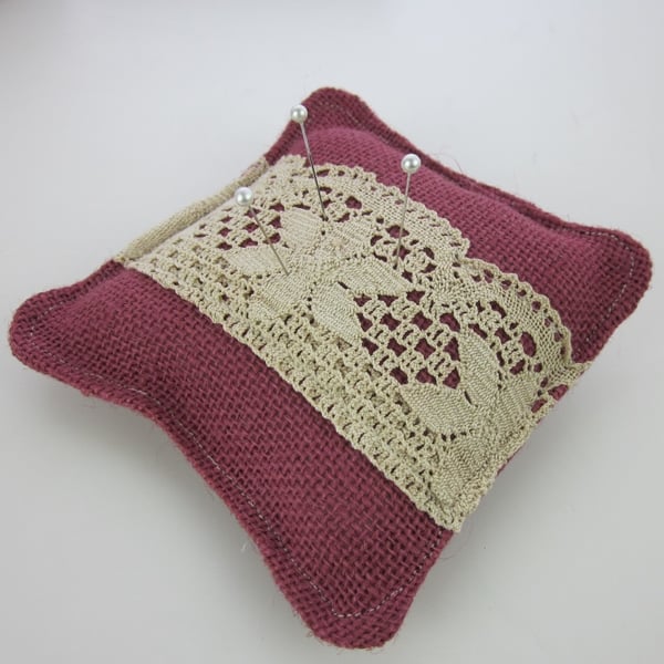 Large Red Handmade Hessian Pincushion