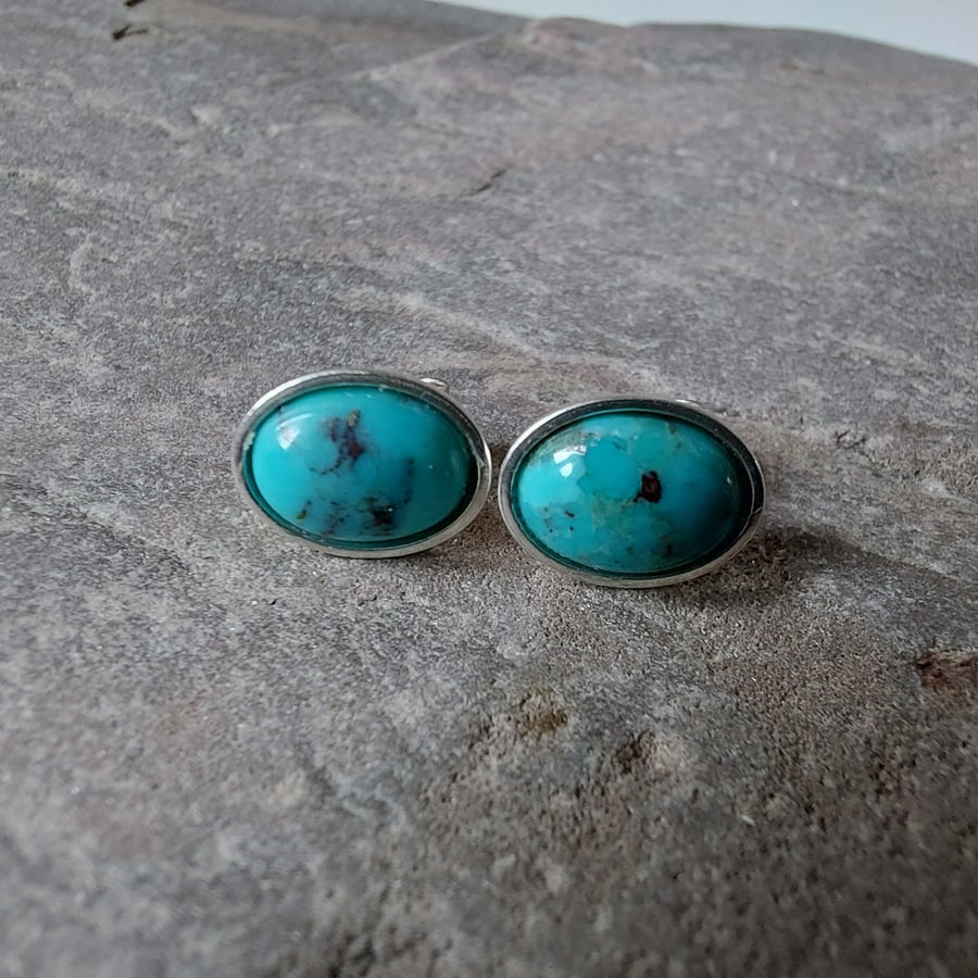 Turquoise and silver oval stud earrings