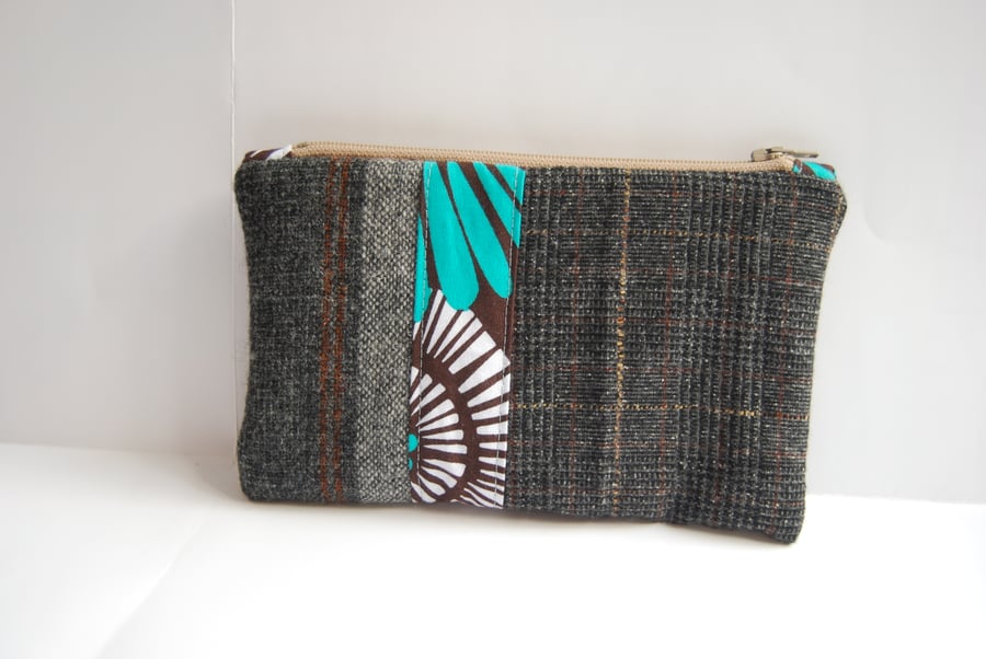 Upcycled wool tweed zippered pouch