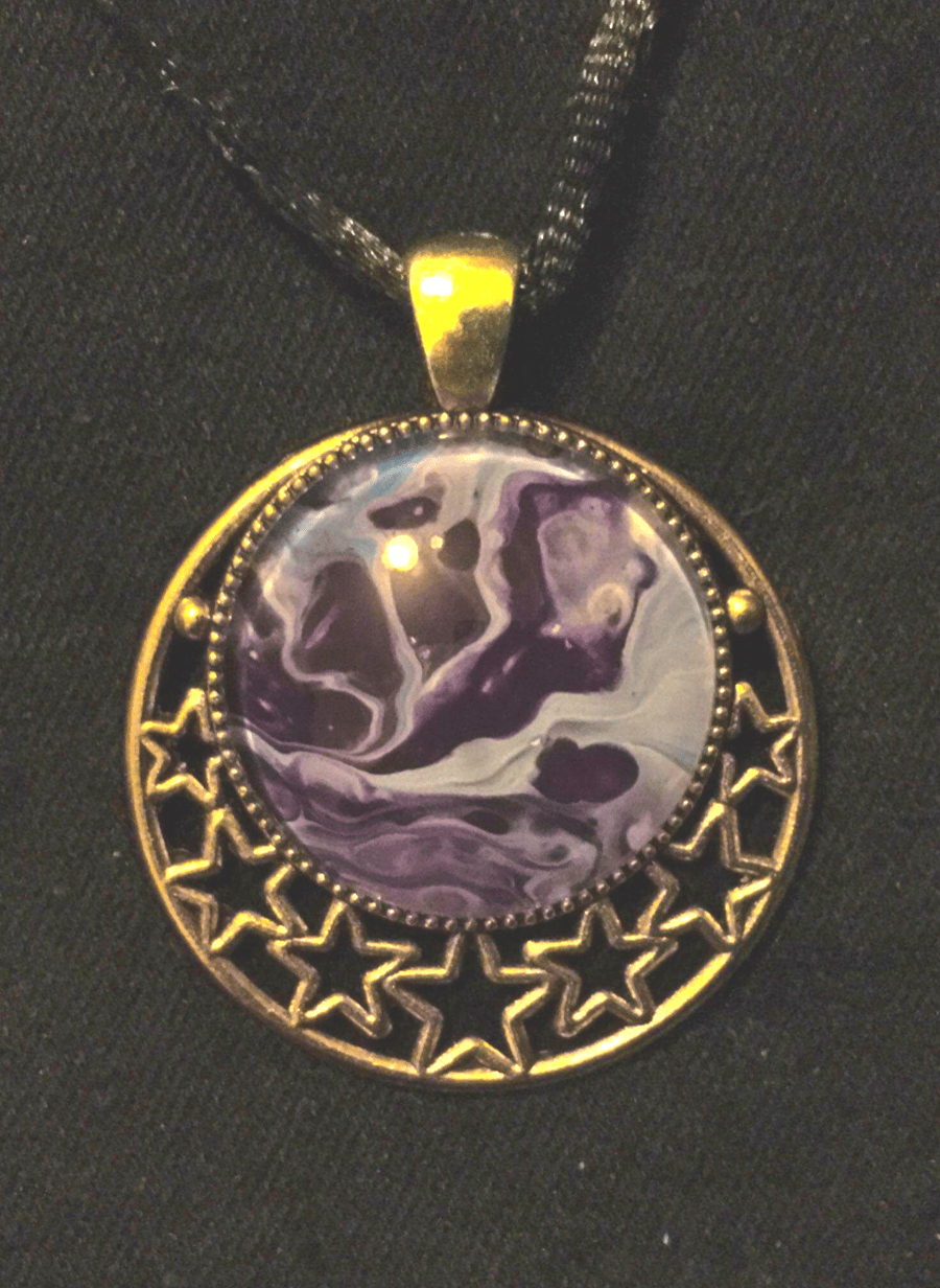 Handmade fluid art moon and stars pendant, purple and blue