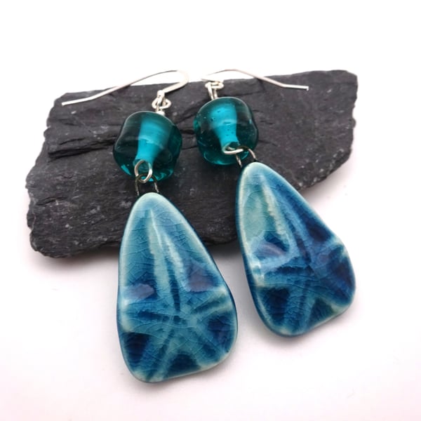 lampwork glass teal starfish earrings