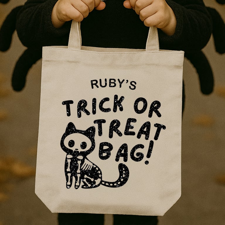 Personalised Spooky Cat Trick or Treat Bag Iron On  – Custom Halloween Transfer