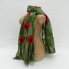 Scarf Nuno felted wool on silk (green with poppy detail) 