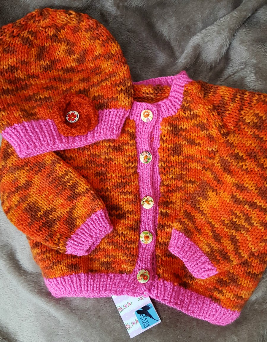 Sunflower Hand knitted Baby Cardigan and Hat