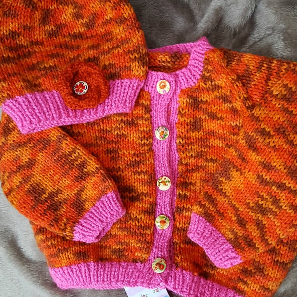 Sunflower Hand knitted Baby Cardigan and Hat