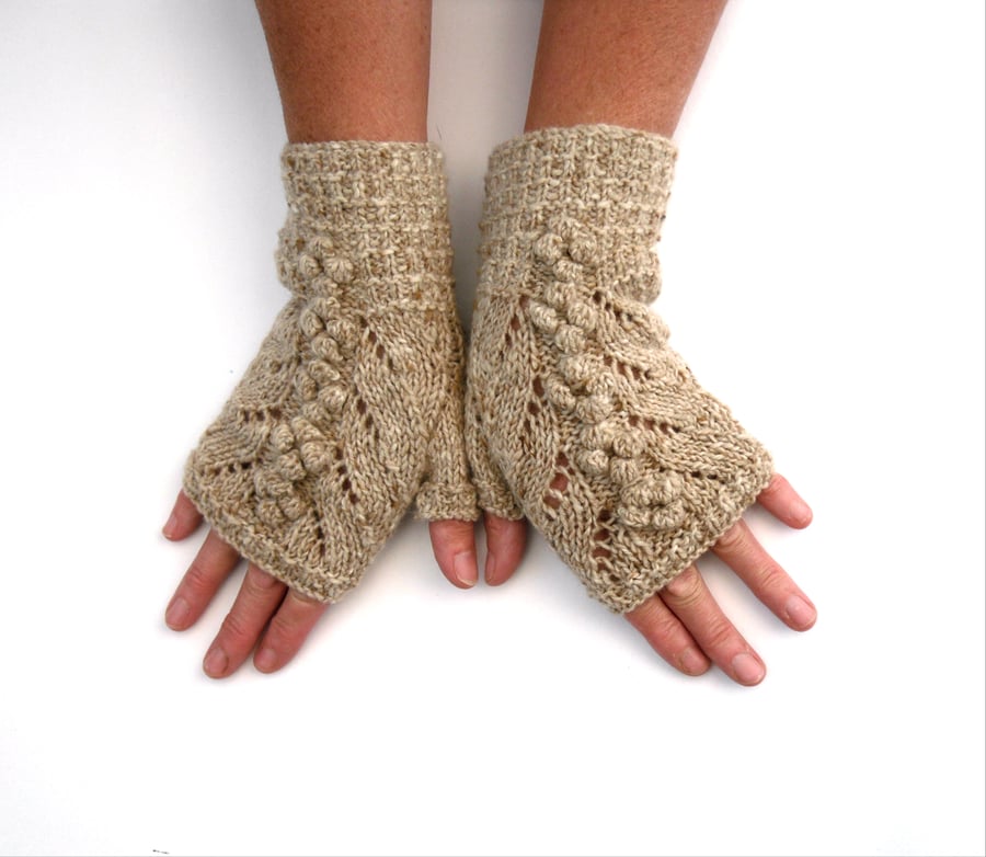 Beige Tweed Lace Fingerless gloves, 100% wool with bobbles