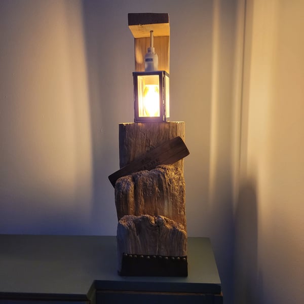 Driftwood table lamp (E14 bulb) with re-purposed tea light lantern