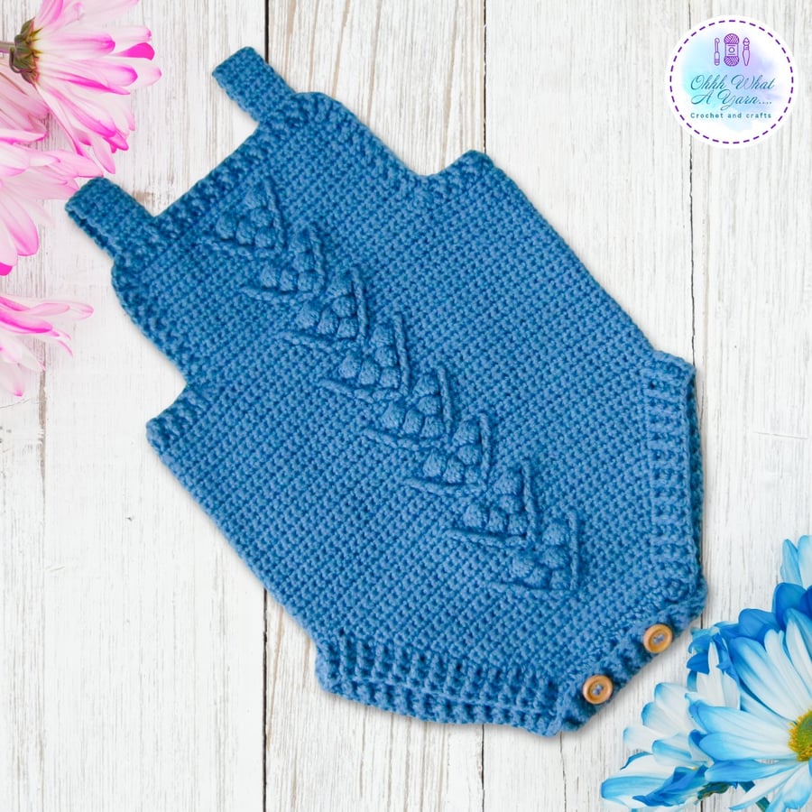 Blue crochet baby romper. Bobble stitch romper. Age 6-9 months