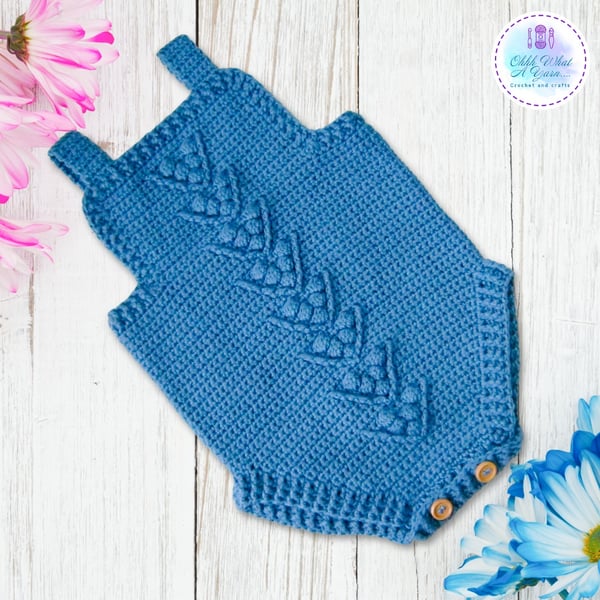 Blue crochet baby romper. Bobble stitch romper. Age 6-9 months