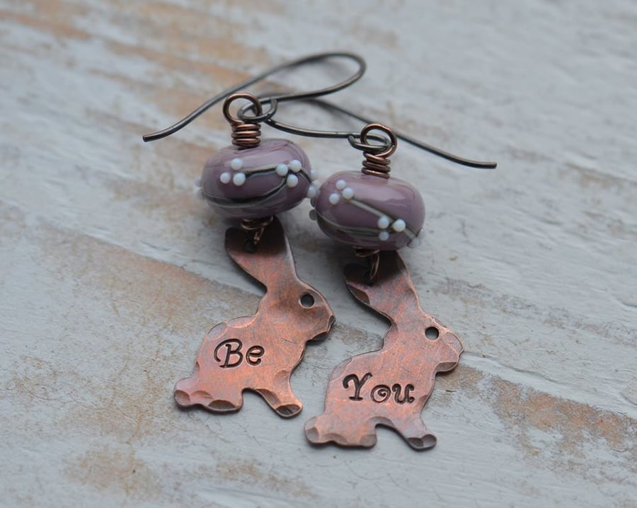 Handmade Copper Be You Rabbit Bunny Earrings with Purple Lampwork Glass Beads