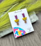 Geometric Polymer Clay Earrings - Purple Shimmer and Chartreuse Dangles - Image 2