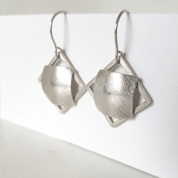 Geometric Textured Dangle Earrings in Silver - Gift-boxed with Free Delivery