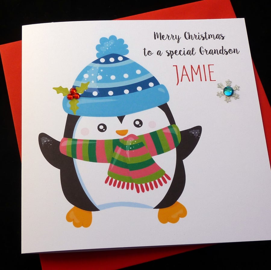 Handmade Personalised Penguin Christmas Card