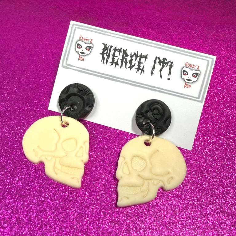 Pierce It! Polymer Clay Glow In The Dark Skull Drop Earrings Studs