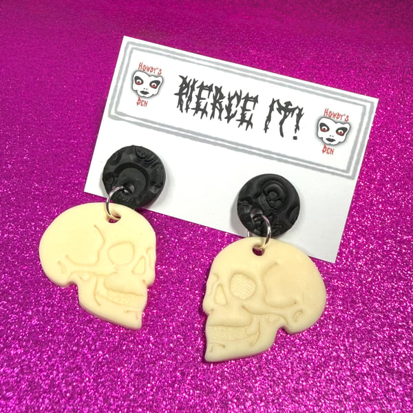 Pierce It! Polymer Clay Glow In The Dark Skull Drop Earrings Studs