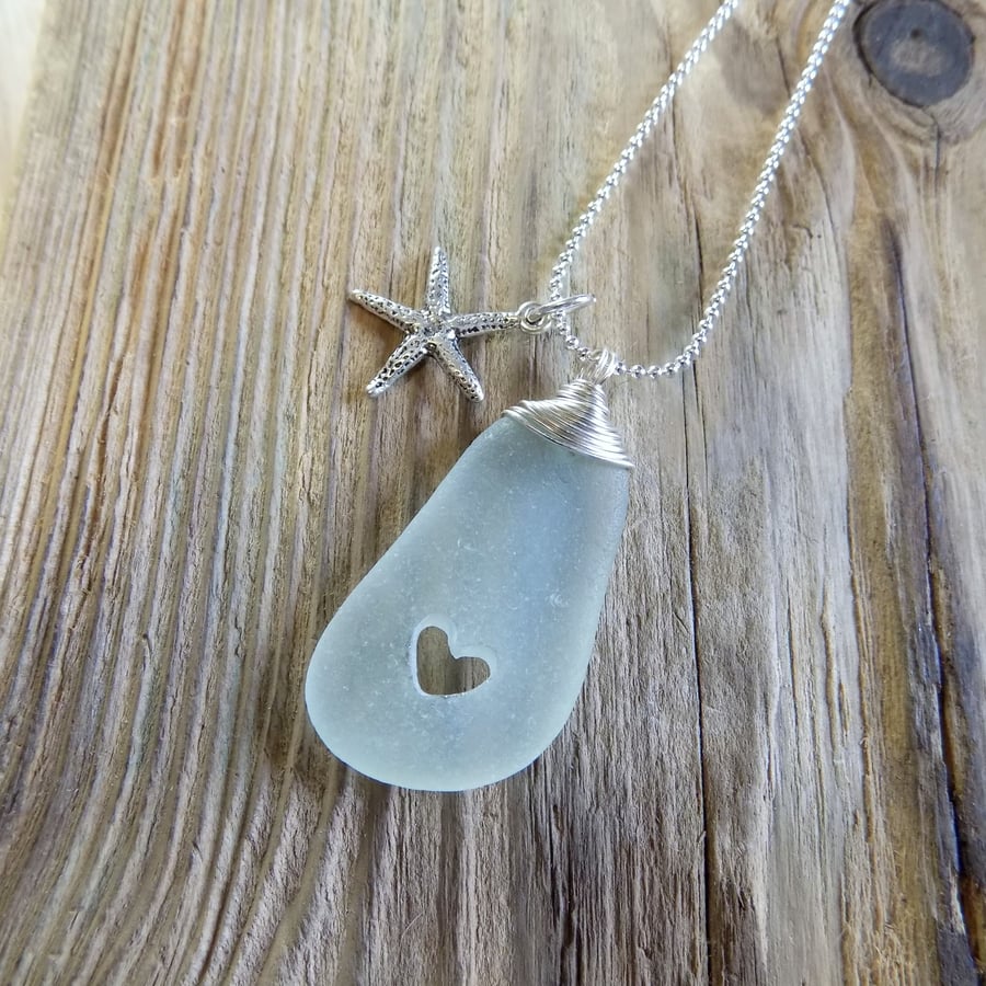 Genuine sea glass drilled heart pendant 
