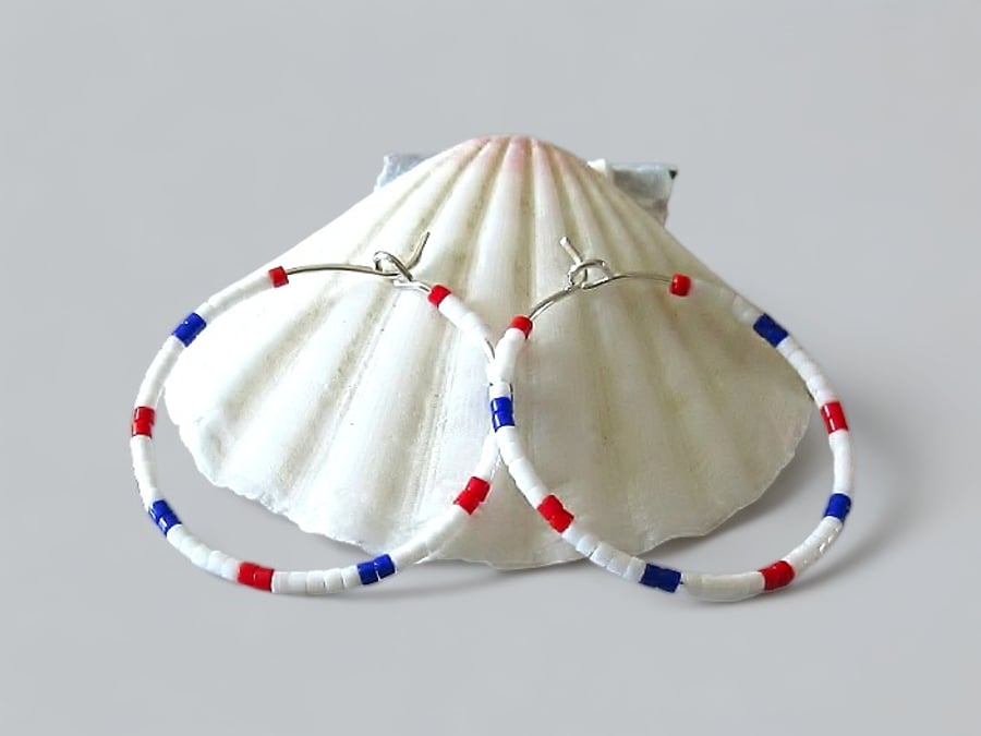 Red White & Blue Beaded Fashion Hoops Earrings - Design Your Own