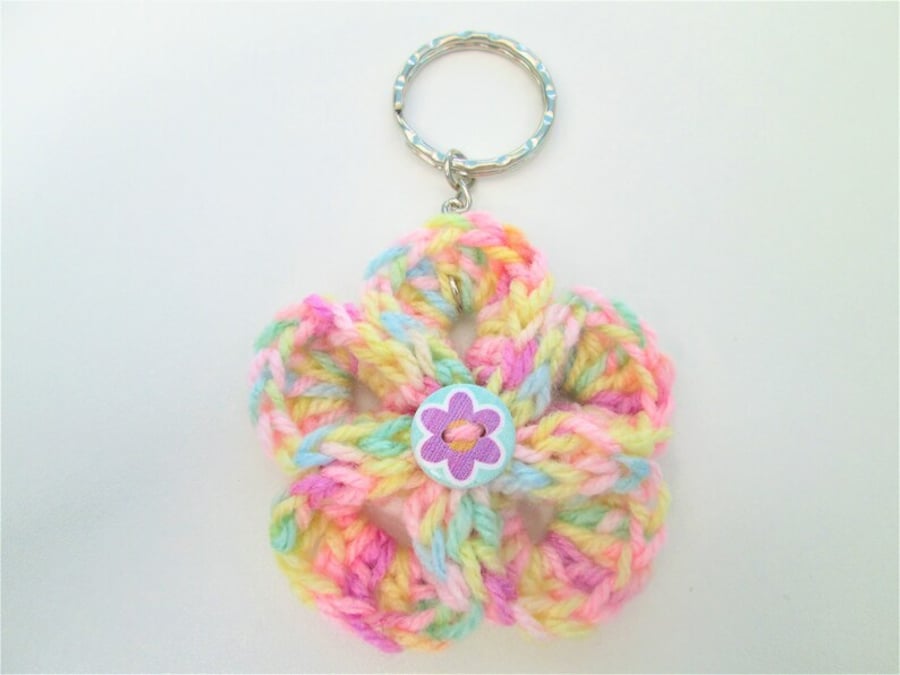 Yellow and multicoloured crochet flower keyring or keychain with flower button