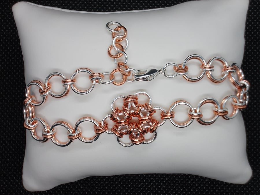 SALE - Silver and rose gold coloured chainmaille bracelet