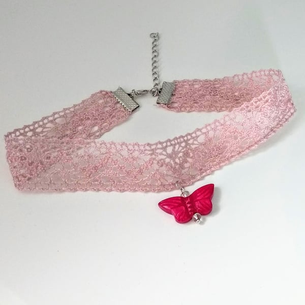Vintage pink lace choker with butterfly charm
