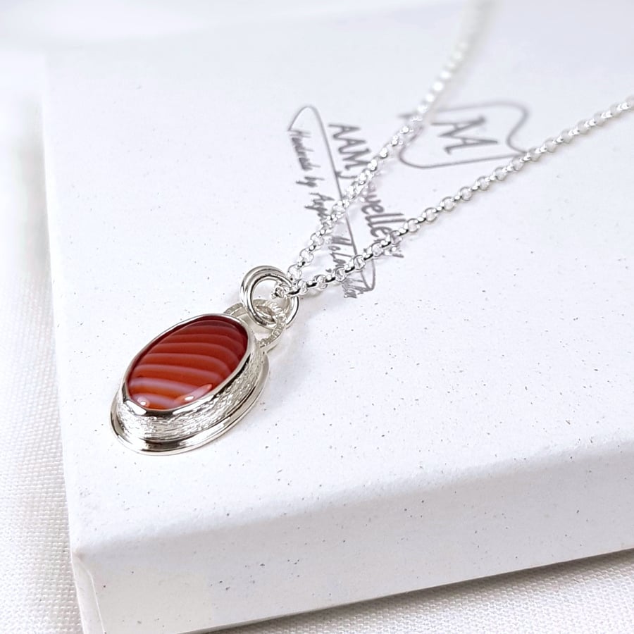 Sterling Silver Carnelian Necklace, Striped Orange Pendant, Handmade Necklace