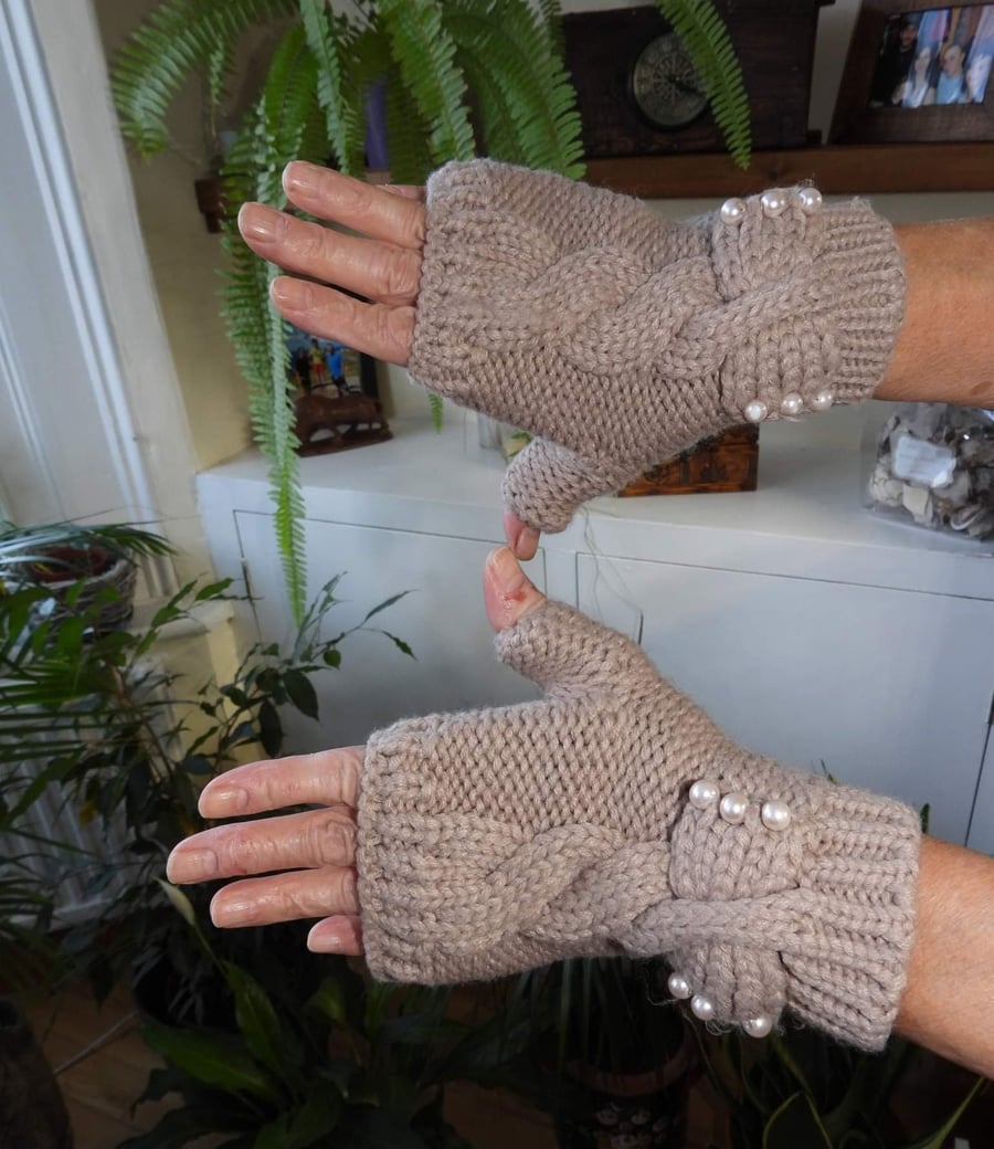 Beige Alize soft and warmy knitted gloves handmade woman gift accessories