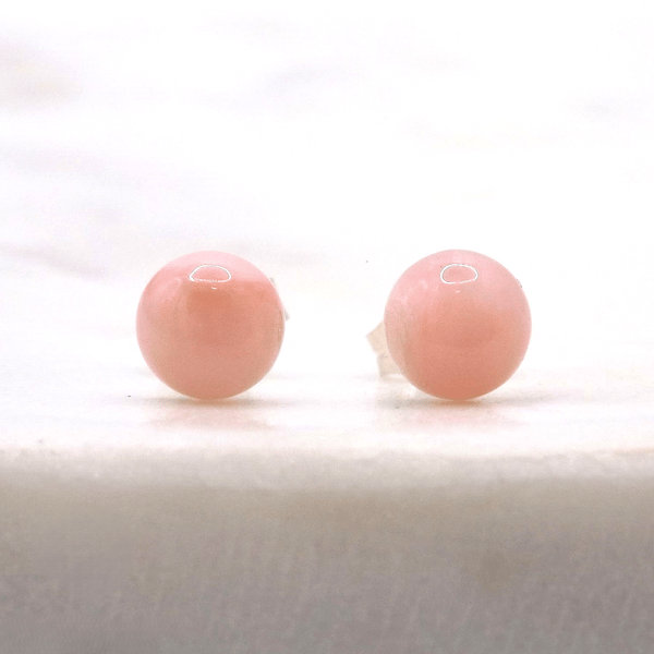 Pink Opal Cabochon 6mm A Quality Gemstone Sterling Silver Stud Earrings.