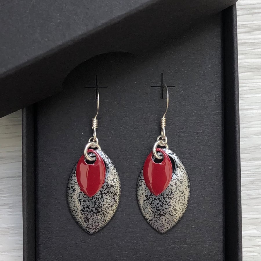 Mottled black & red enamel scale earrings. Sterling silver. 