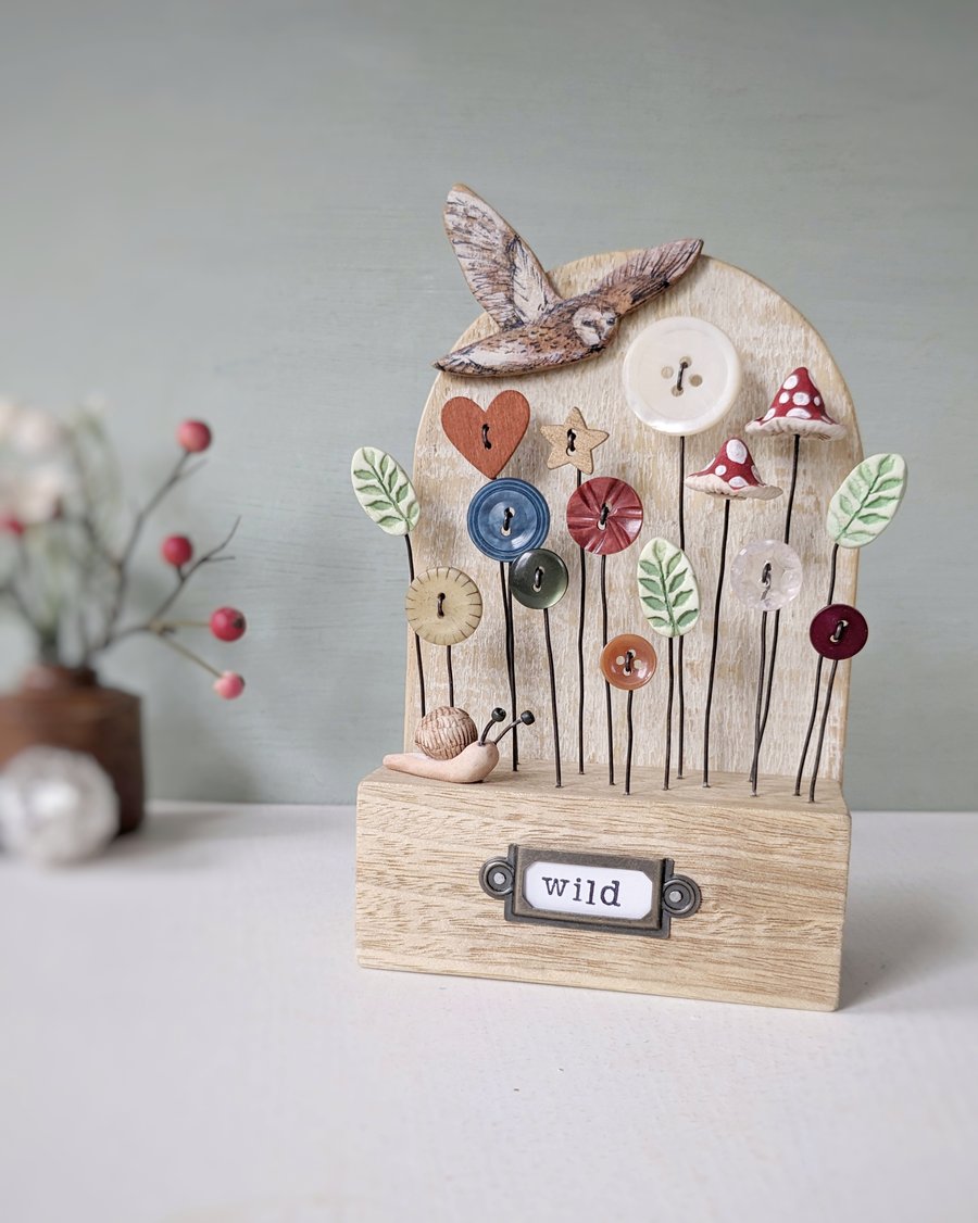 Winter Wildlife Garden with Owl and Snail in Wood and Clay