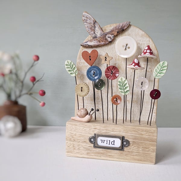 Winter Wildlife Garden with Owl and Snail in Wood and Clay