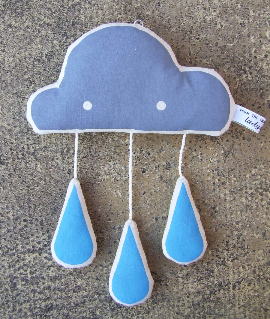 Screen-printed Raincloud Plush with Blue Raindrops