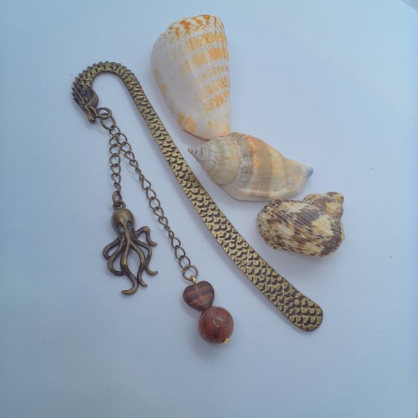 Dragon Bookmark With Jasper Beads and Bronze Octopus Charm, Book Lovers Gift