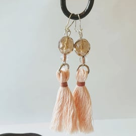 Champagne pink faceted glass bead tassel earrings.