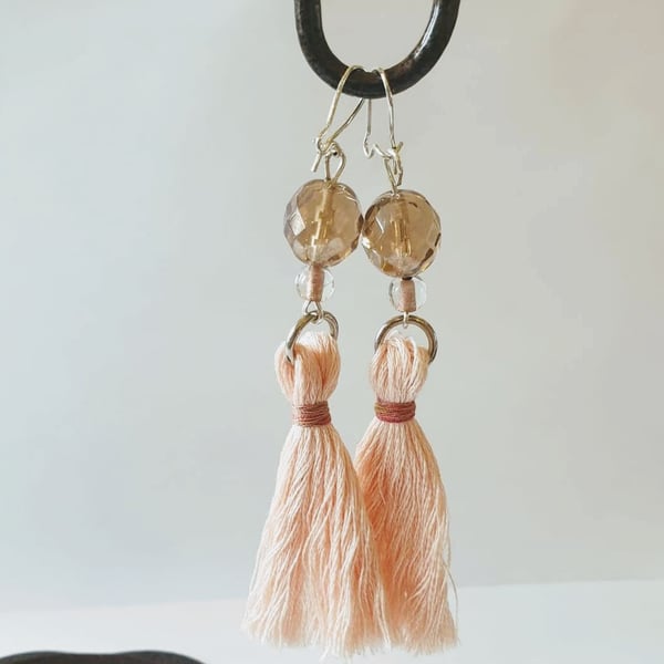 Champagne pink faceted glass bead tassel earrings.