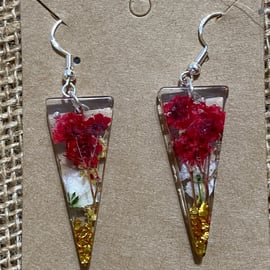 Handmade Pair of Triangular Drop Earrings With Real Pressed Flowers And Glass
