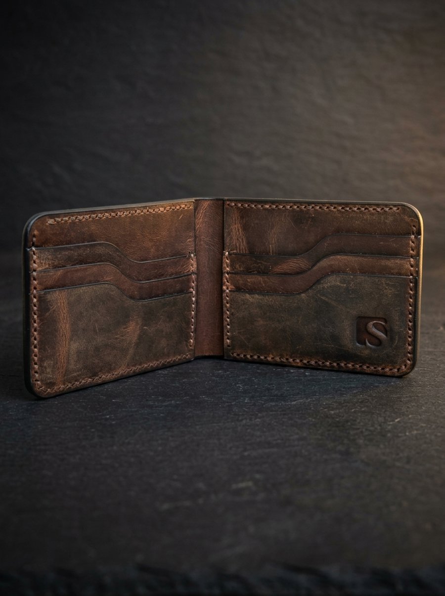 Rustic Brown Full Grain Leather Bifold Wallet 6 Card Slots Mens Wallet UK