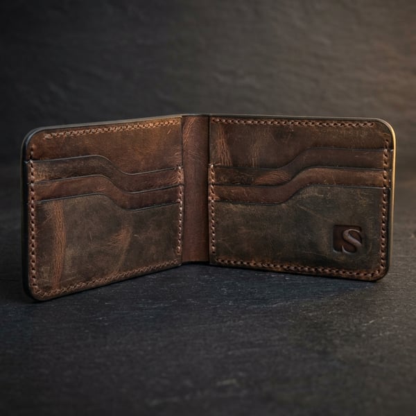 Rustic Brown Full Grain Leather Bifold Wallet 6 Card Slots Mens Wallet UK