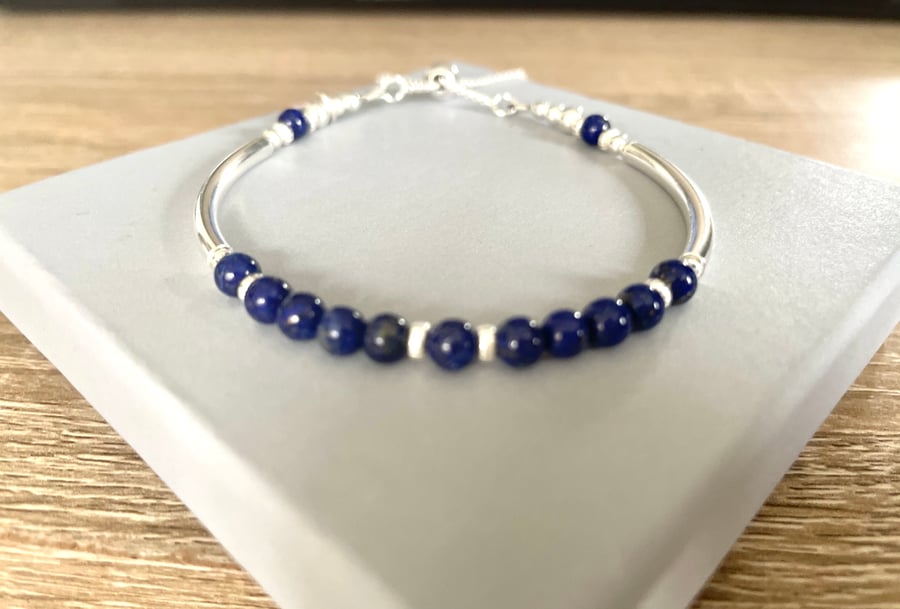 Lapis Lazuli Slider Clasp Bracelet, Sterling Silver Heart Charm Noodle Bracelet