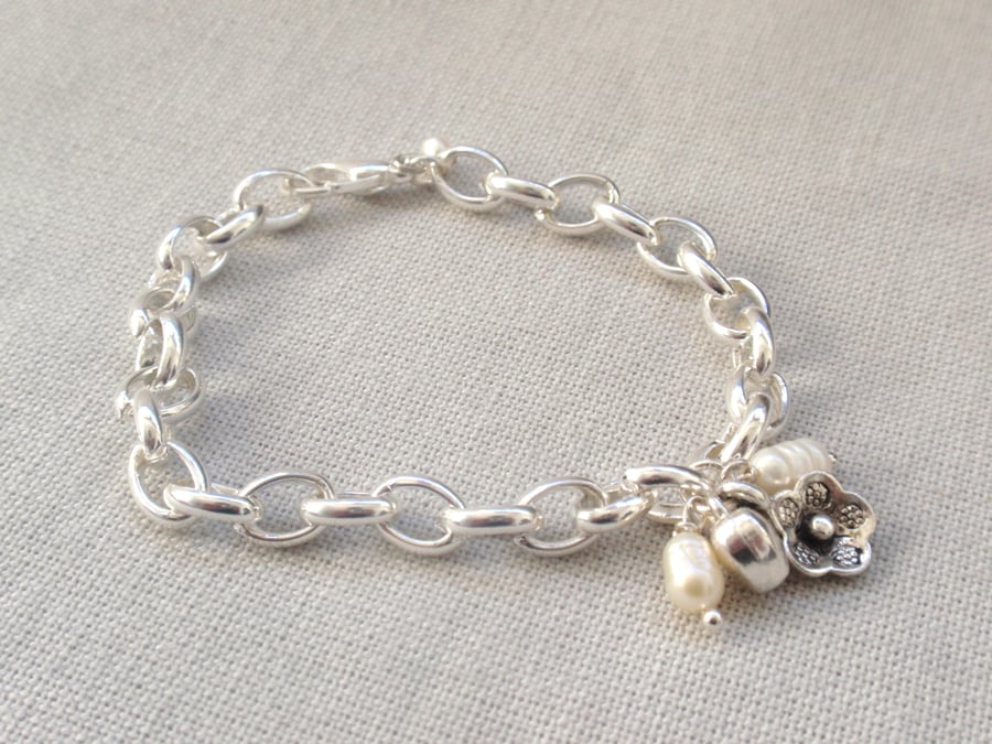 Silver Charm Bracelet with Freshwater Pearls