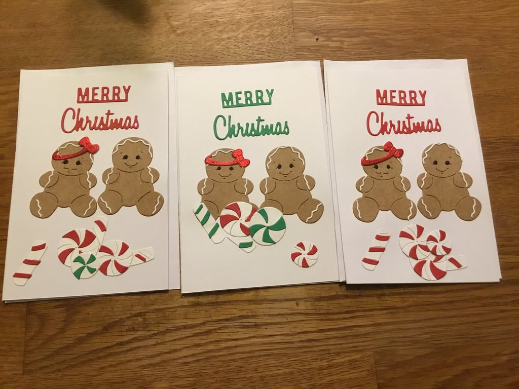 Christmas card. Pack of 3 cards.  Gingerbread people. Xmas card.. Ref 188