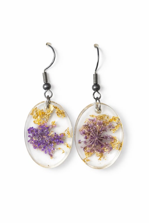 Oval Resin Flower Dangle Earrings with Purple Blooms & Gold Leaf