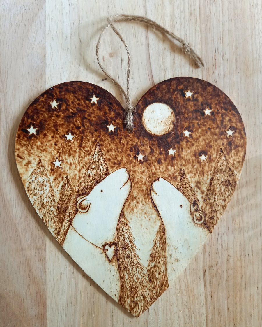 FAO: Sarah - polar bear pyrography wooden heart hanging decoration