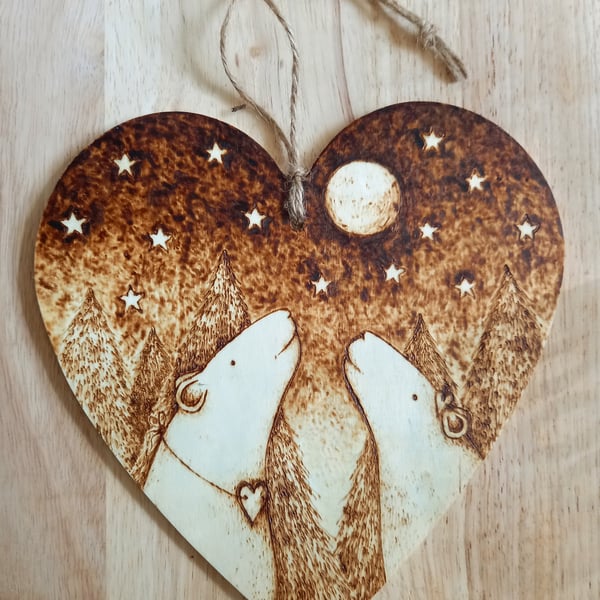FAO: Sarah - polar bear pyrography wooden heart hanging decoration