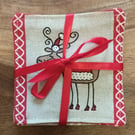 Set Of 4 Funny Reindeer Coasters. Festive Fabric Drinks Mats