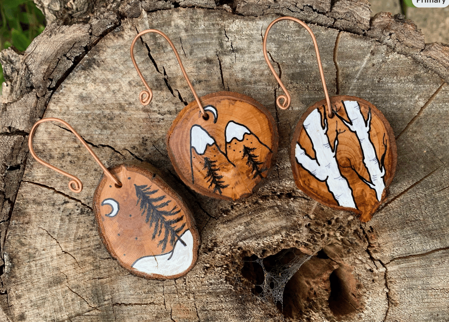 Wooden Christmas decoration, with copper hanging wire, rustic homeware